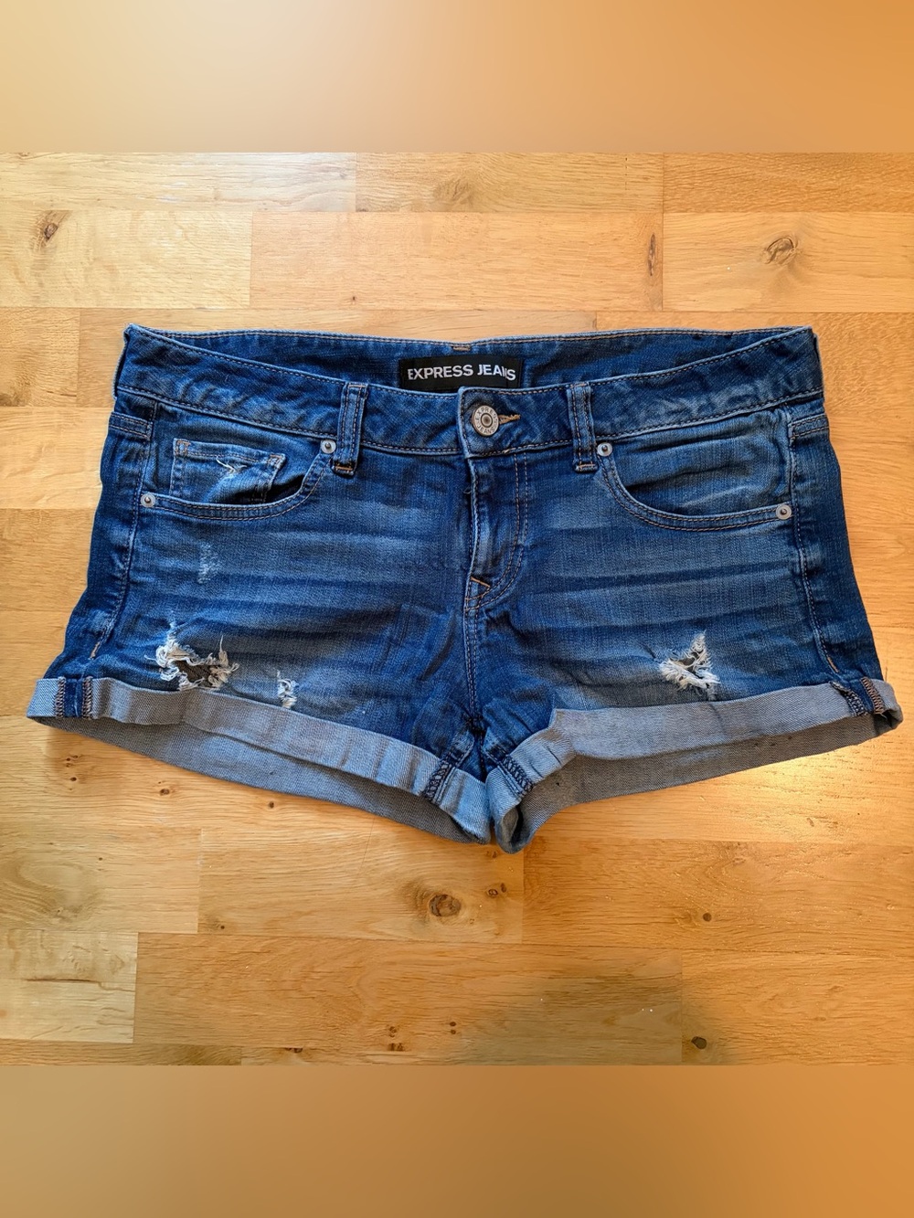 Express Blue Distressed Rolled-Hem Denim Shorts, Size 6